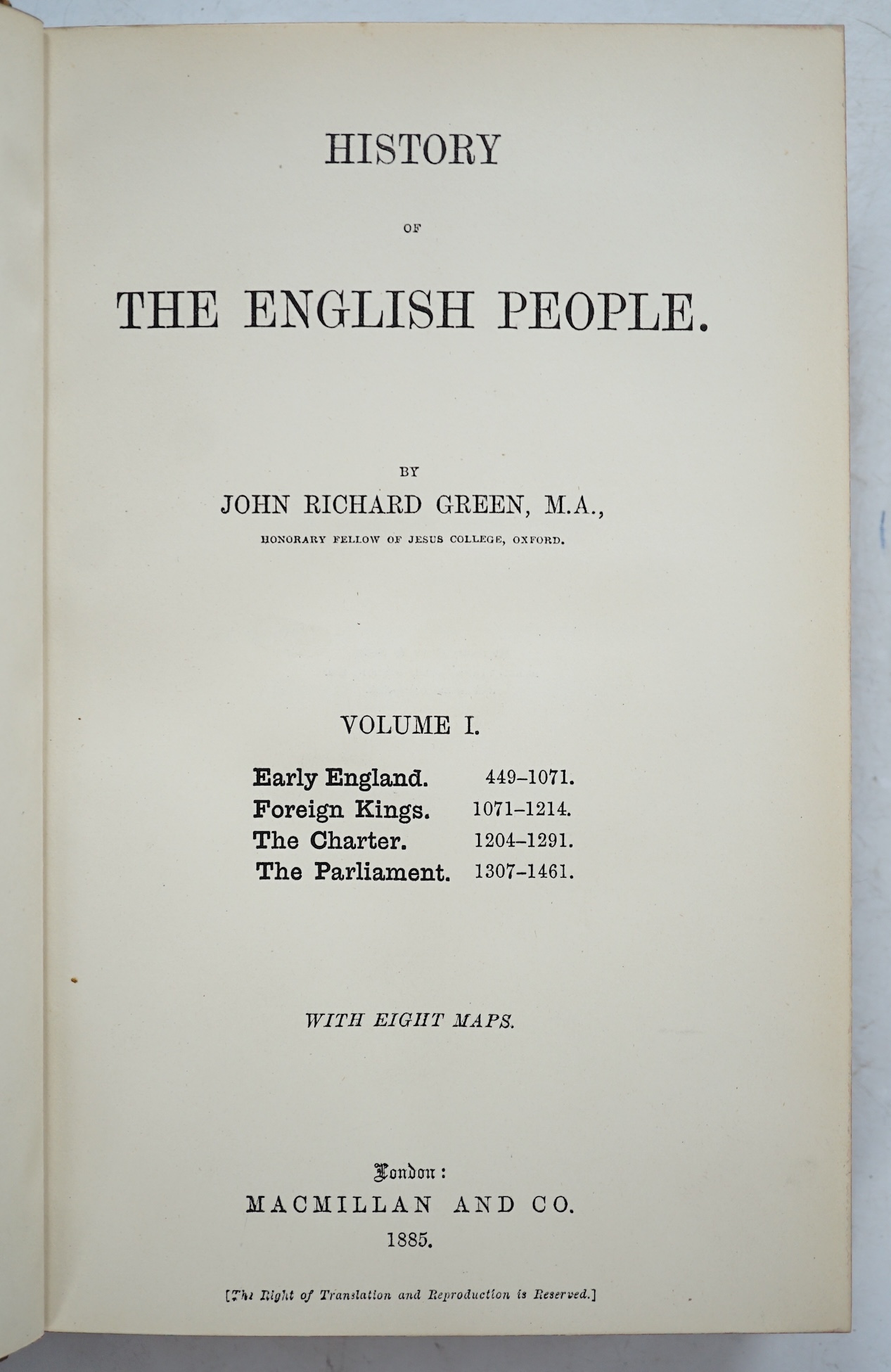 Green, John Richard - History of the English People, 4 vols, half calf with marbled boards, Macmillan and Co., London, 1885